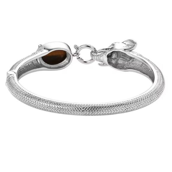 Tigers Eye 6.10 ctw Silver Bangle Bracelet Elephant Design 7.25 In New - Picture 5 of 6